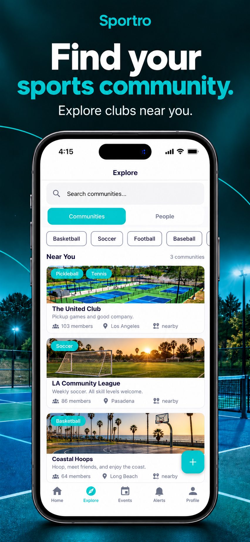 Sportro Explore screen listing communities near you